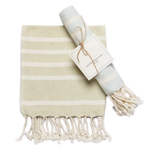 Set of 2 Herringbone Waffle Stripe Turkish Towel with Twisted Tassels, 18" x 40", 100% Fresh cotton, Green & Blue - India Wholesale Co.