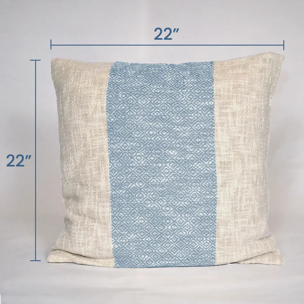 Diamond Weave Cotton Pillow Cover, (Centre Stripe) 22"x22",  Cool Blue & Offwhite