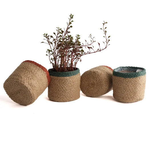 Jute Planter Set of 4, Natural Jute, 4.5x4.5x4, Red, Green & Natural