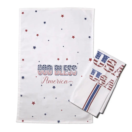Set of 2 USA and God Bless America Printed Kitchen Towel, 18" x28", 100% cotton, Red & Blue - India Wholesale Co.