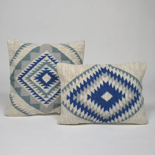 Handloom Kilm Woven Cotton Pillow Cover, 18"x18", White & Blue