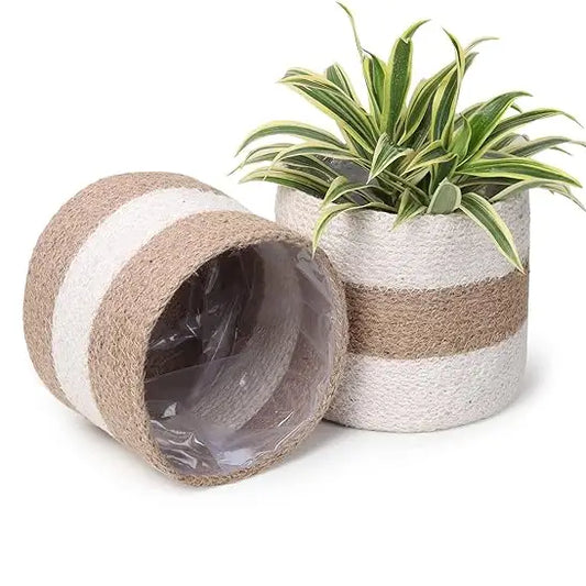 Jute Planters with Poly-Lining Set of 2 White/Natural Jute in 2 patterns 6.5x6.5x6"