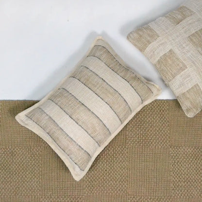 Handloom Broad Stripes Cotton & Jute Pillow Cover 14"x20", White & Natural