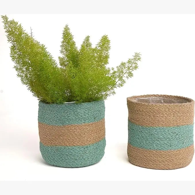 Jute Planter Set of 2, Natural Jute, 6.5x6.5x6, Mint Green & Natural