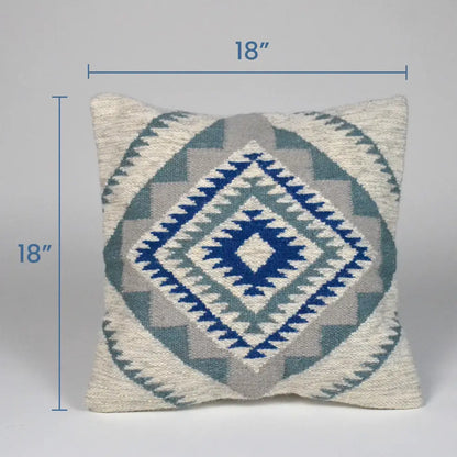 Handloom Kilm Woven Cotton Pillow Cover, 18"x18", White & Blue