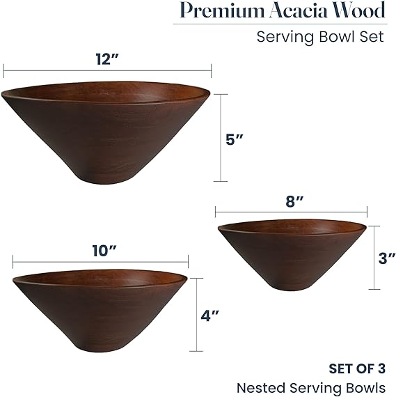 Bowls Plain Acacia - 12x5", 10x4", 8x3", Set of 3, Walnut