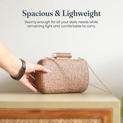 Handwoven Straw Clutch Purse with Chains, 7.5x5 inch