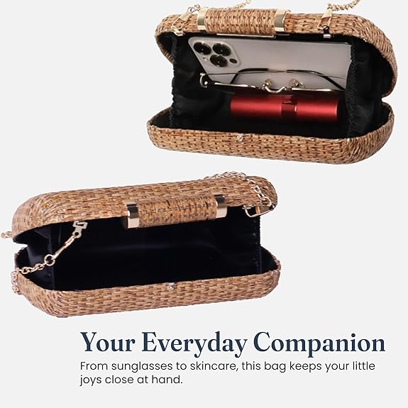 Handwoven Straw Clutch Purse with Chains, 7.5x5 inch