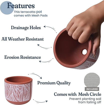 4-Inch Terracotta Planter with White Leaf Design – Boho Pot