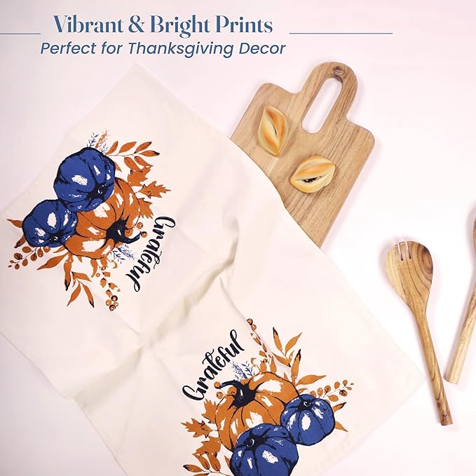 Set of 2 Grateful Printed Dish Towels, Hand Towels, 18" x28", 100% Cotton, Blue & Orange - India Wholesale Co.