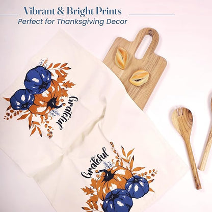 Set of 2 Grateful Printed Dish Towels, Hand Towels, 18" x28", 100% Cotton, Blue & Orange - India Wholesale Co.