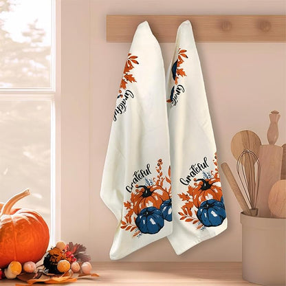 Set of 2 Grateful Printed Dish Towels, Hand Towels, 18" x28", 100% Cotton, Blue & Orange - India Wholesale Co.