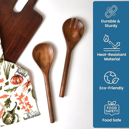 Acacia Salad Servers, 11 Inches Wooden Spoon, Handcrafted Kitchen Utensils for Mixing, Tossing, Cooking (Walnut) - India Wholesale Co.