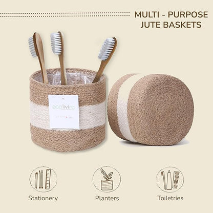 Jute Planters with Poly-Lining Set of 2 White/Natural Jute in 2 patterns 6.5x6.5x6"