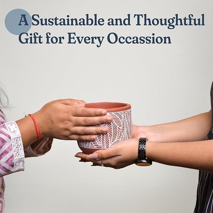 4-Inch Terracotta Planter with White Leaf Design – Boho Pot