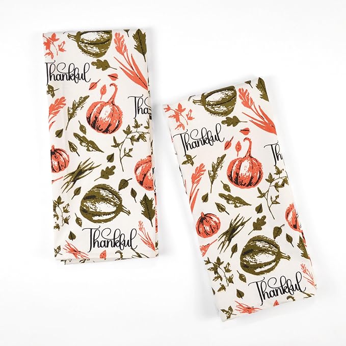 Set of 2 Thankful Printed Dish Towels, Hand Towels, 18" x28", 100% Cotton, Rust & Olive
