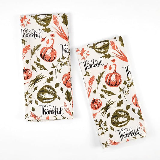 Set of 2 Thankful Printed Dish Towels, Hand Towels, 18" x28", 100% Cotton, Rust & Olive