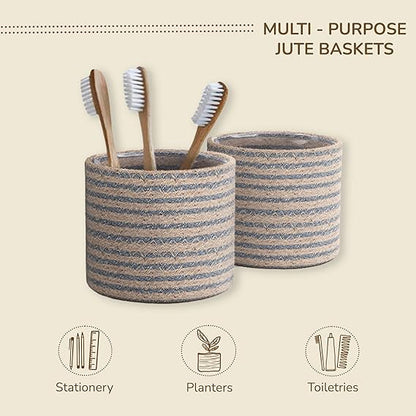 Jute Planters with Poly-Lining Set of 3 Teal Blue/Natural Jute 4.5x4.5x4"