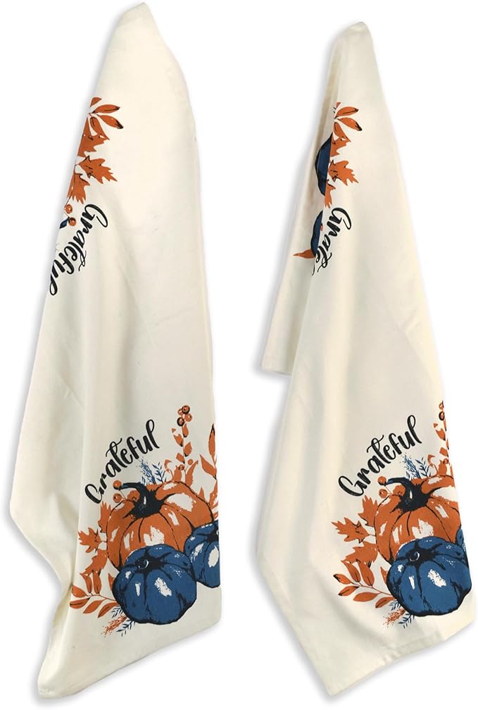 Set of 2 Grateful Printed Dish Towels, Hand Towels, 18" x28", 100% Cotton, Blue & Orange - India Wholesale Co.