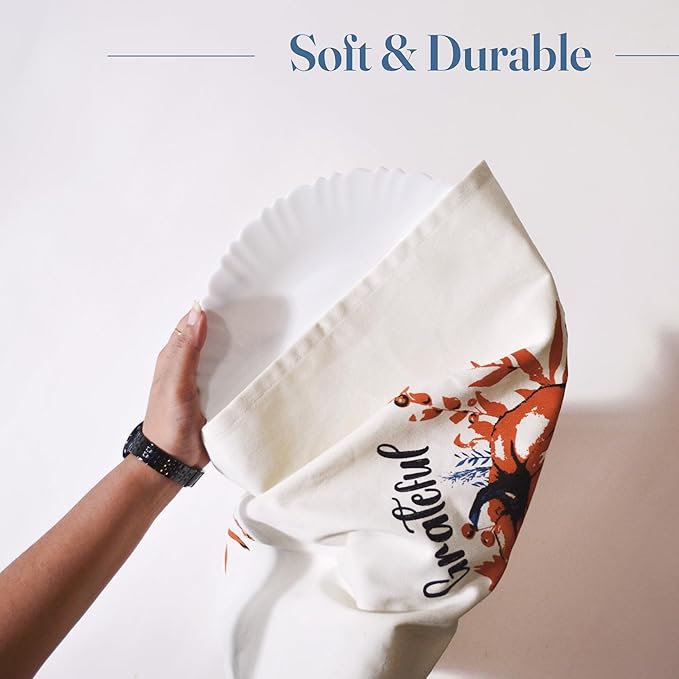 Set of 2 Grateful Printed Dish Towels, Hand Towels, 18" x28", 100% Cotton, Blue & Orange - India Wholesale Co.