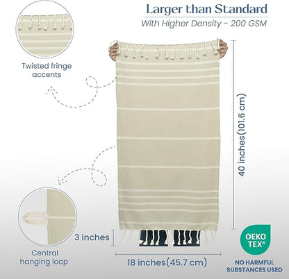 Set of 2 Herringbone Waffle Stripe Turkish Towel with Twisted Tassels, 18" x 40", 100% Fresh cotton, Green & Blue