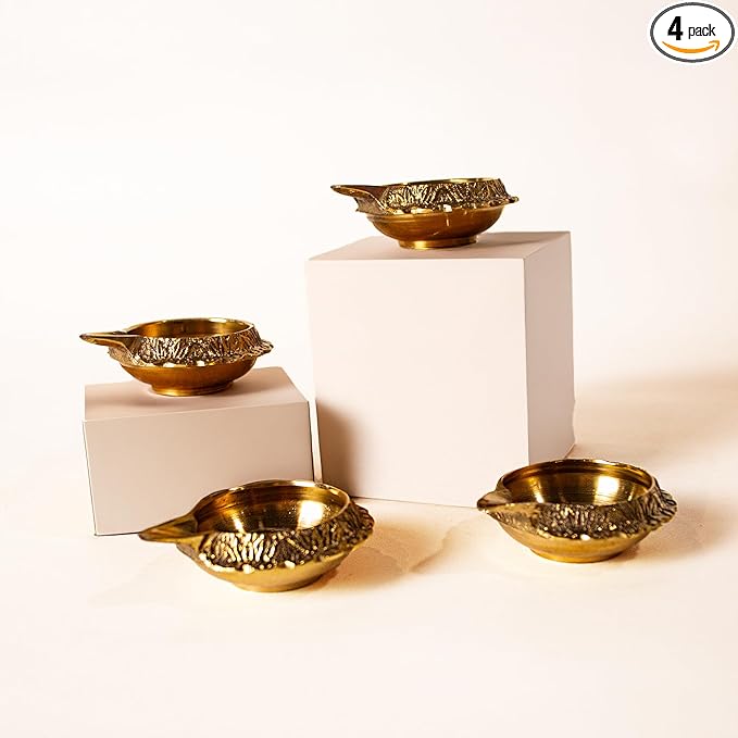 Handmade Brass Kuber Diyas Set of 4 – Gold Finish Oil Lamps for Pooja & Decor