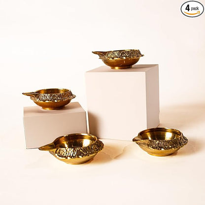 Handmade Brass Kuber Diyas Set of 4 – Gold Finish Oil Lamps for Pooja & Decor
