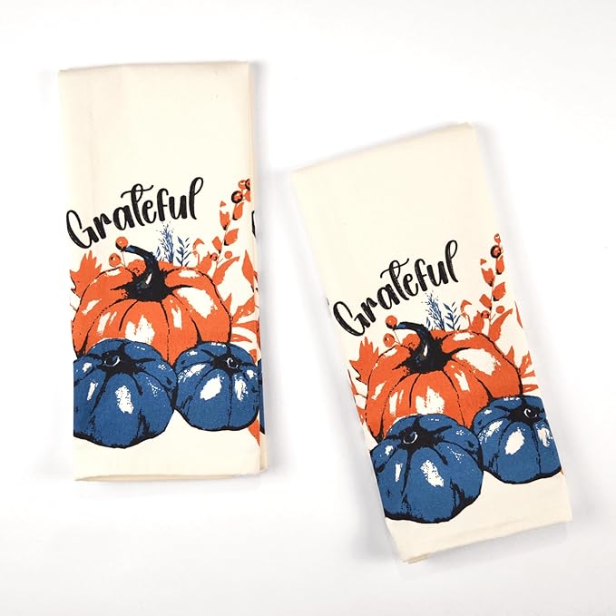 Set of 2 Grateful Printed Dish Towels, Hand Towels, 18" x28", 100% Cotton, Blue & Orange - India Wholesale Co.