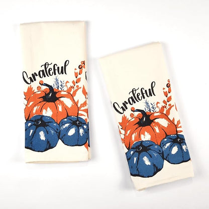 Set of 2 Grateful Printed Dish Towels, Hand Towels, 18" x28", 100% Cotton, Blue & Orange - India Wholesale Co.