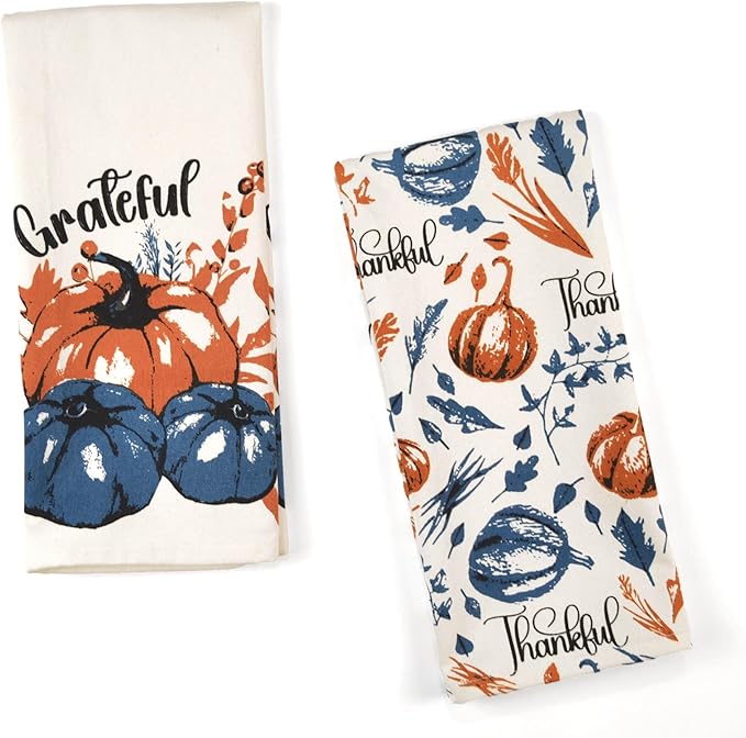 Set of 2 Thankful & Grateful Printed Dish Towels, 18" x28", 100% Cotton, Blue & Orange - India Wholesale Co.
