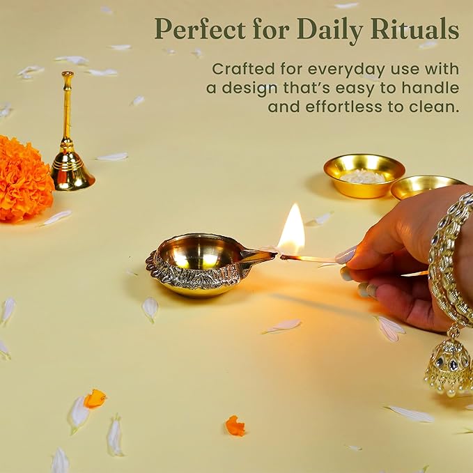 Handmade Brass Kuber Diyas Set of 2 – Gold Finish Oil Lamps for Pooja