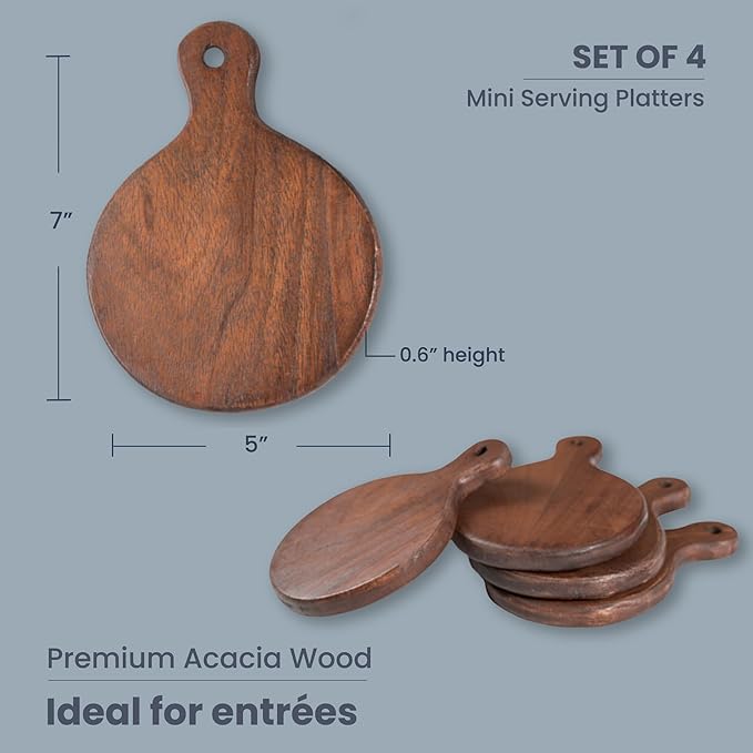 Round Paddle Server Small Acacia 7"x5" Set of 4- Walnut