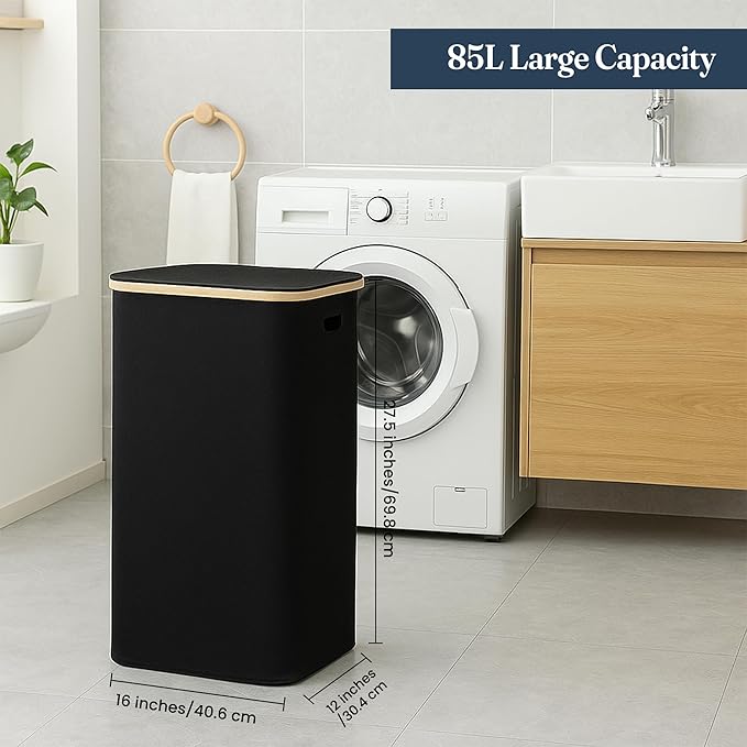 India wholesale co 85L Slim Laundry Hamper with Lid & Handles, black