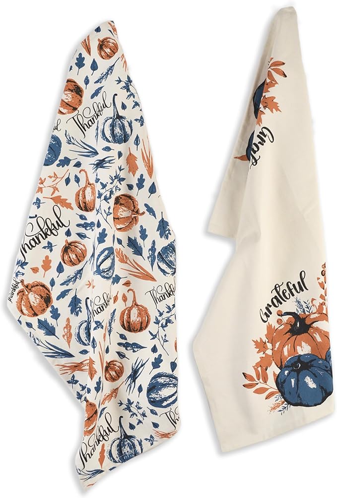 Set of 2 Thankful & Grateful Printed Dish Towels, 18" x28", 100% Cotton, Blue & Orange - India Wholesale Co.