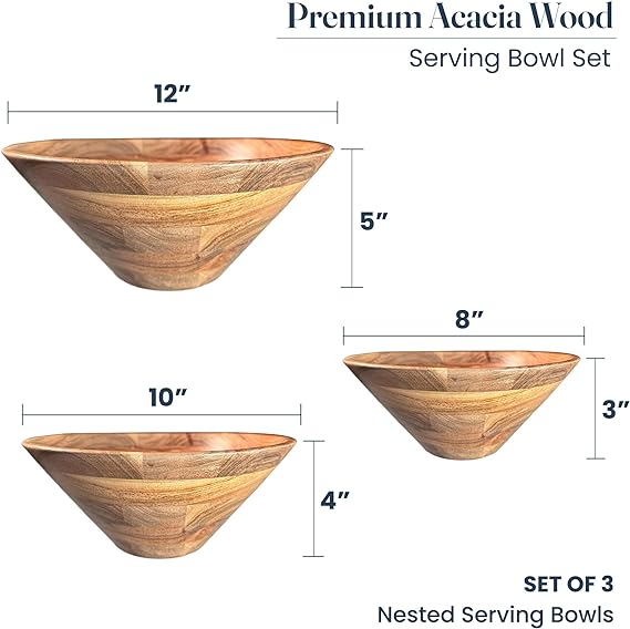 Bowls Plain Acacia - D- 12x B-5", D-10xB-4",D- 8x3", Set of 3 - Natural