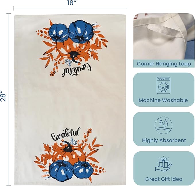 Set of 2 Grateful Printed Dish Towels, Hand Towels, 18" x28", 100% Cotton, Blue & Orange - India Wholesale Co.