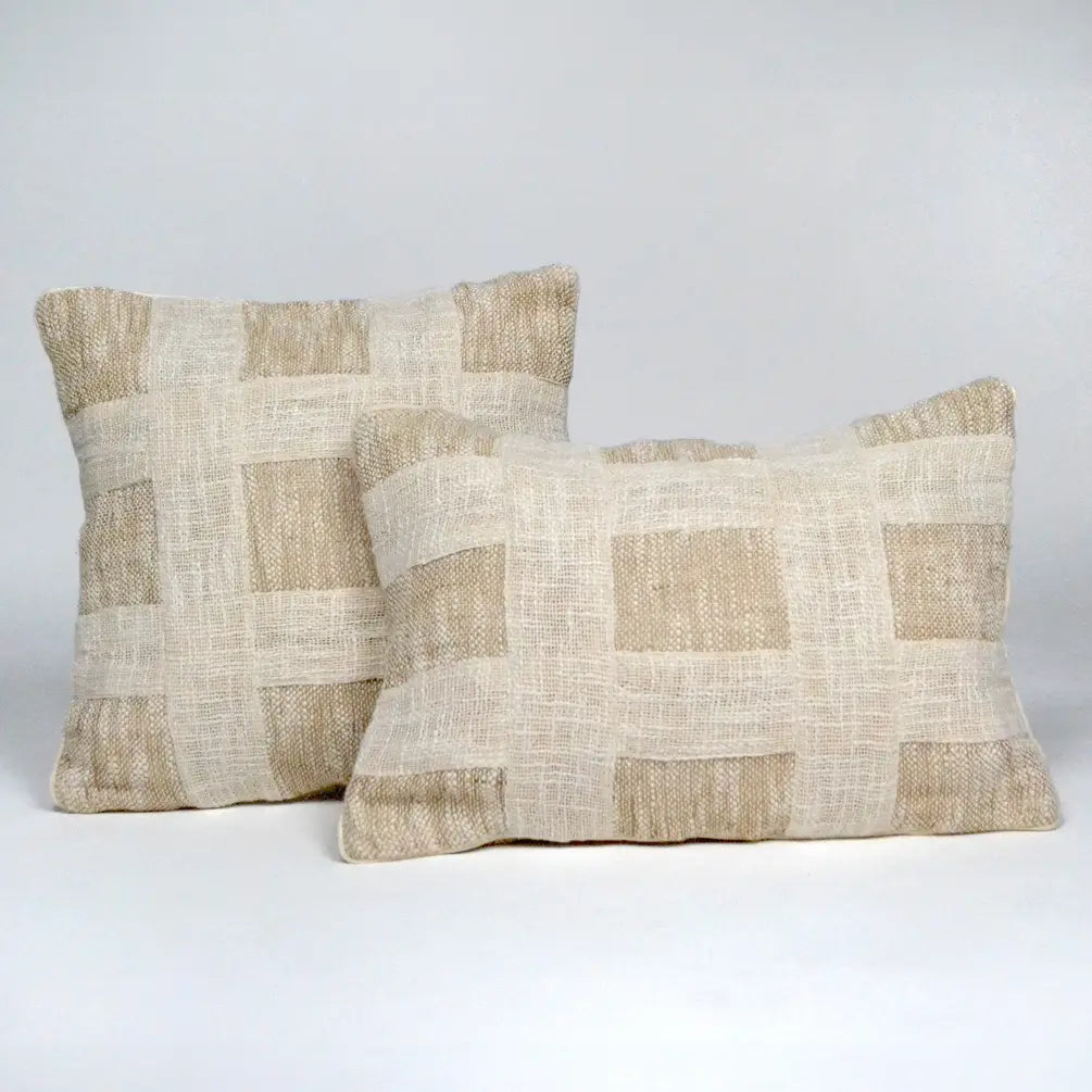 Handloom Broad Checks Cotton & Jute Pillow Cover, 18"x18",White & Natural