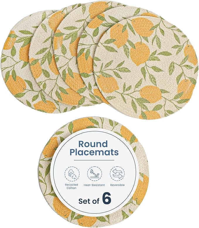 Printed Lemon Braided Placemat Set of 6- Recycle Cotton