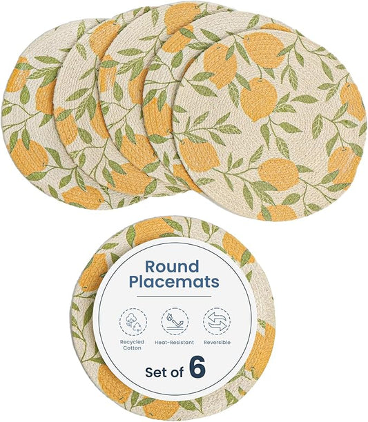Printed Lemon Braided Placemat Set of 6- Recycle Cotton