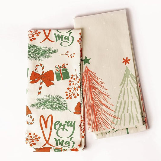 Set of 2 Merry Xmas Printed Kitchen Towel 18" x28", 100% Fresh cotton, Cherry Red & Green - India Wholesale Co.