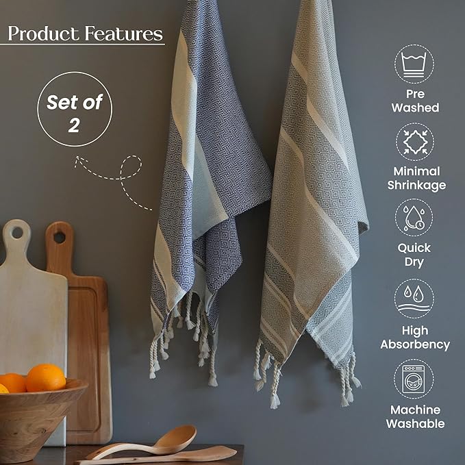 Set of 2 Diamond weave Waffle Stripe Turkish Towel with Twisted Tassels, 18" x 40", 100% Fresh cotton, Blue & Gray - India Wholesale Co.