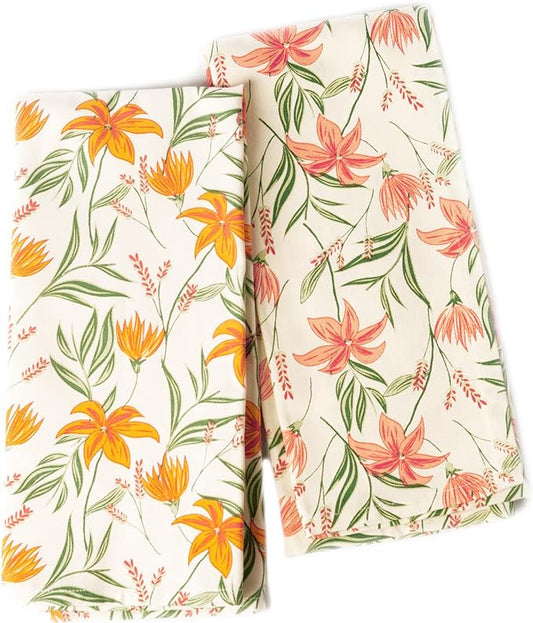 Set of 2 Pointed Floral Printed Kitchen Towel 18" x28", 100% Fresh cotton, Yellow & Mint - India Wholesale Co.