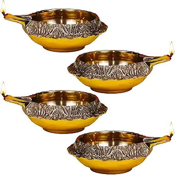 Handmade Brass Kuber Diyas Set of 4 – Gold Finish Oil Lamps for Pooja & Decor