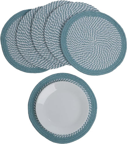 Melange Blue & White  Braided Placemats set of 6 (3 pcs full melange+3 pcs with solid border) - Recycle Cotton