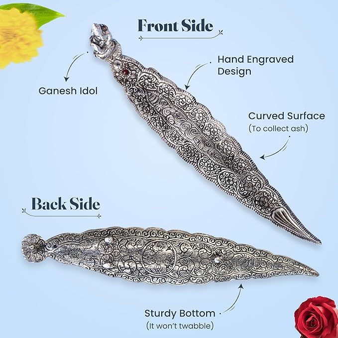 Leaf Incense Holder, handgraved with Antique Silver finish, Set of 2 - India Wholesale Co.