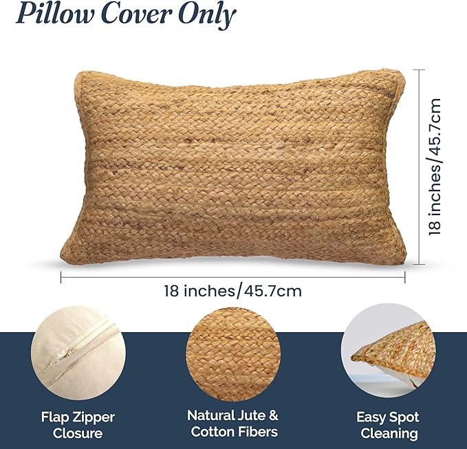 Handwoven Jute Pillow Cover 20x12” – Boho Natural Decor