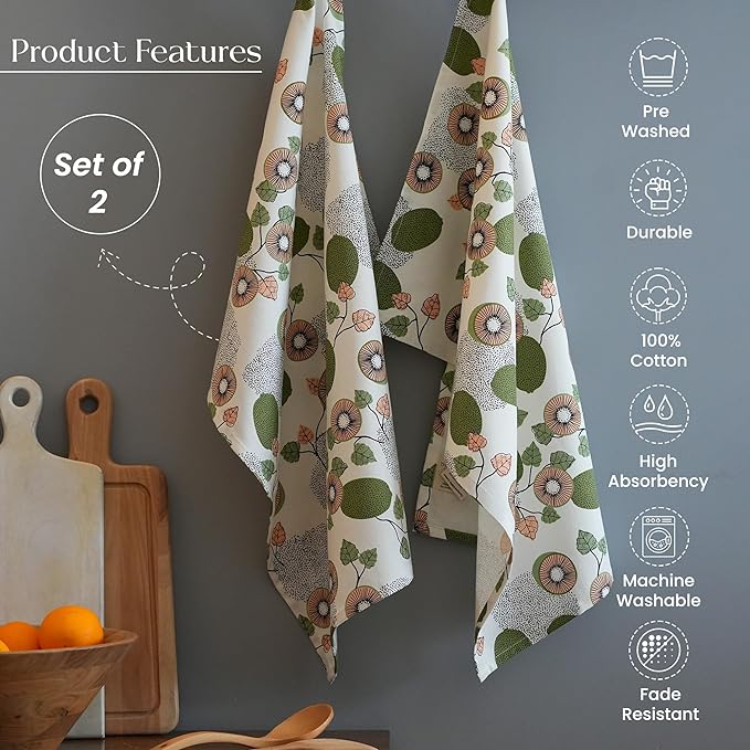 Set of 2 Kiwi Printed Kitchen Towel 18" x28", 100% Fresh cotton, Sage & Peach