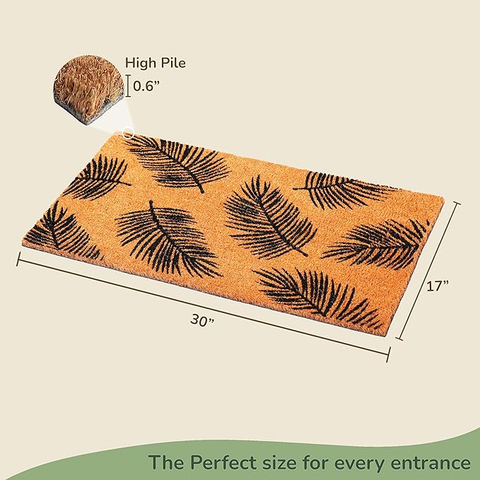 Coir Mats Tropical Leaf Print-17X30" - Beige/Black