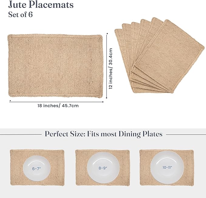 Jute Table Placemat, Plain Jute, Set of 6, 18x12"