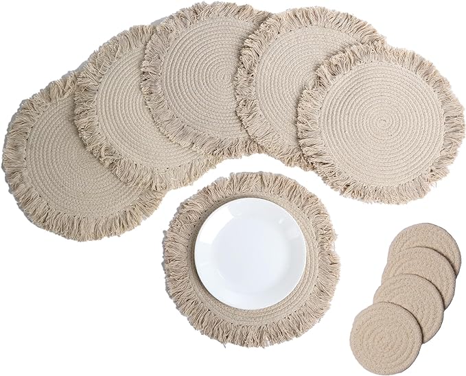 Ivory Braided Solid Placemat with fringes set of 6 (13" + with 2" fringes) +6 Coasters (4")- Recycle Cotton